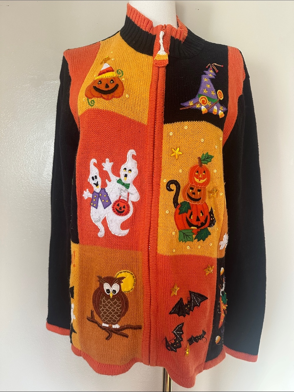 Vintage Halloween Cardigan Sweater Tiara International RARE Bling Patchwork XL